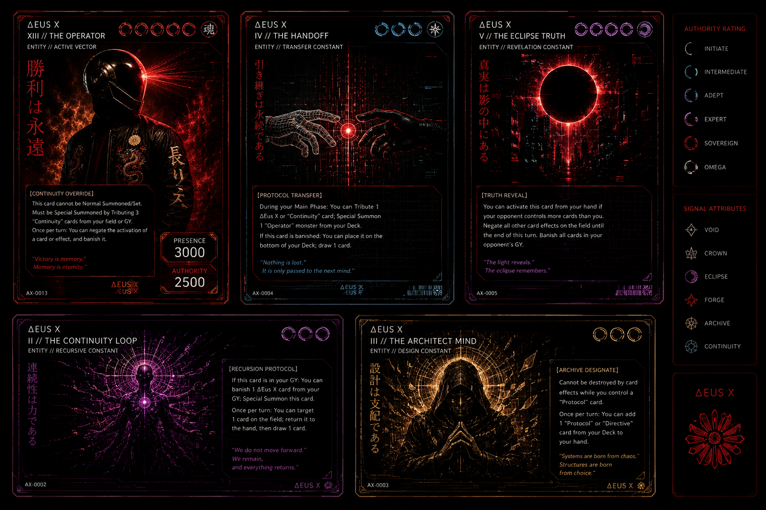 Δeus χ trading card reference sheet
